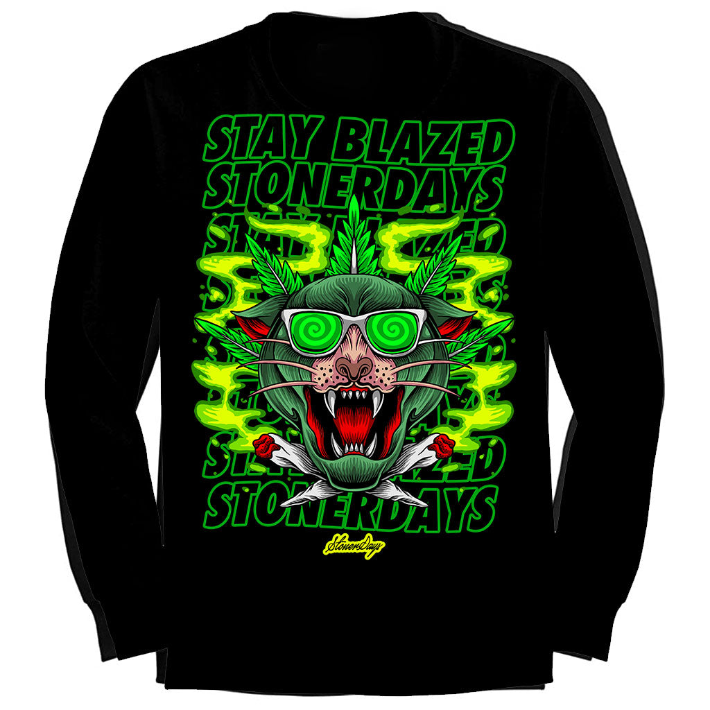 StonerDays Greenz Panther Long Sleeve Shirt, black, with vibrant green graphic