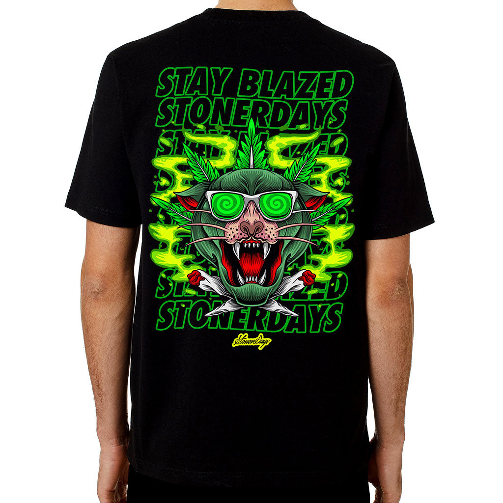 StonerDays Greenz Panther Tee in black with vibrant green graphic, rear view on white background