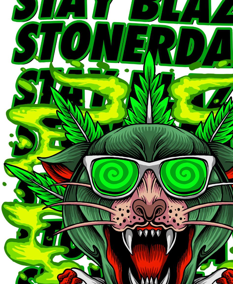 StonerDays Greenz Panther White Tee with vibrant green graphics, front view on white background