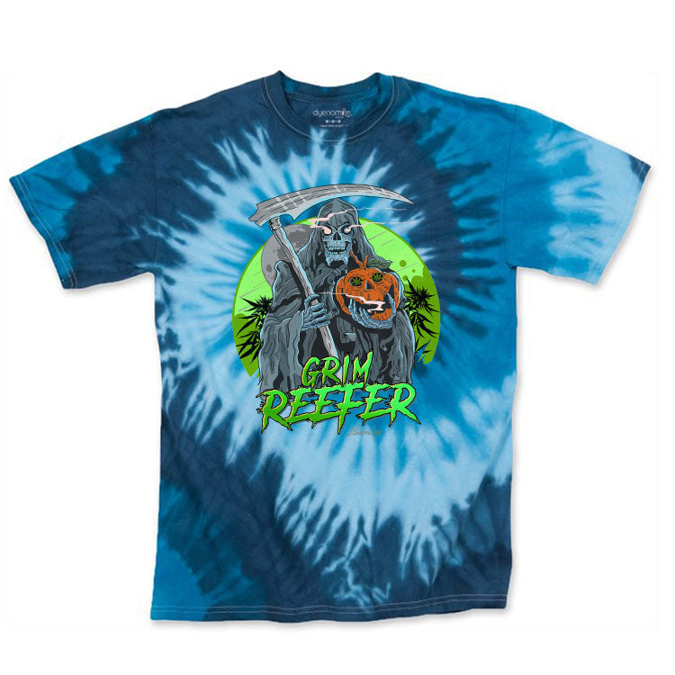 StonerDays Grim Reefer Blue Tie Dye Tee, front view on a white background, featuring unique graphic design