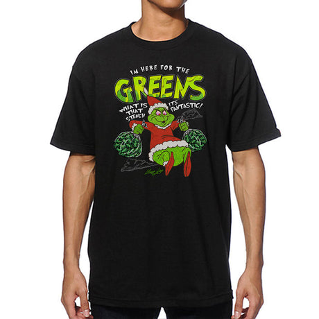 StonerDays Grinch-themed black cotton t-shirt with green graphic, front view on a male model