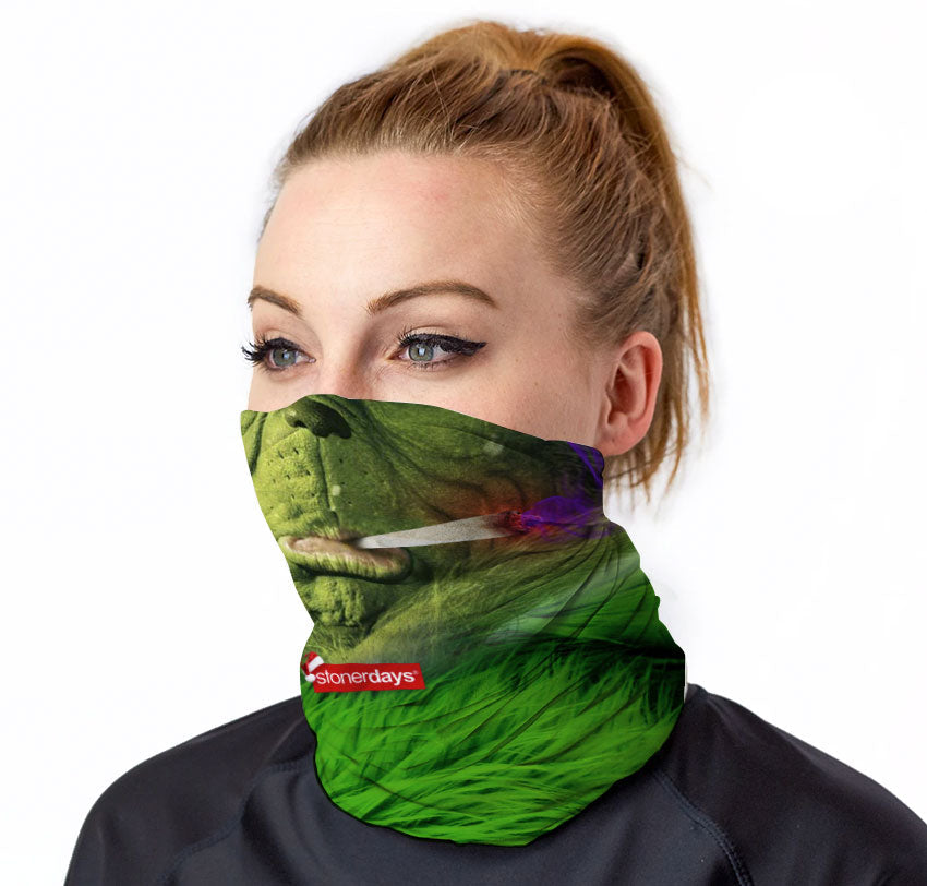 StonerDays Grinch Greens Combo face covering with vibrant green leaf design, front view
