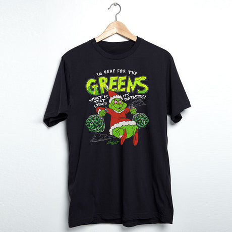 StonerDays Grinch themed black cotton t-shirt with green print, sizes S to 3XL, front view on hanger