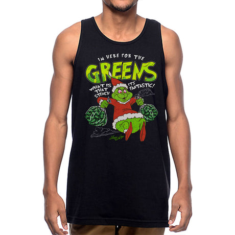 StonerDays Grinch Tank for men, front view, featuring a Grinch graphic with cannabis theme, sizes S-XXXL