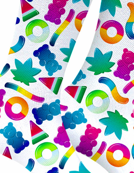 Colorful StonerDays Gummy Bears Weed Socks made of cotton and polyester, close-up view