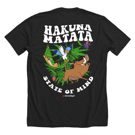 StonerDays Hakuna Matata black t-shirt with vibrant graphic print, rear view on white background