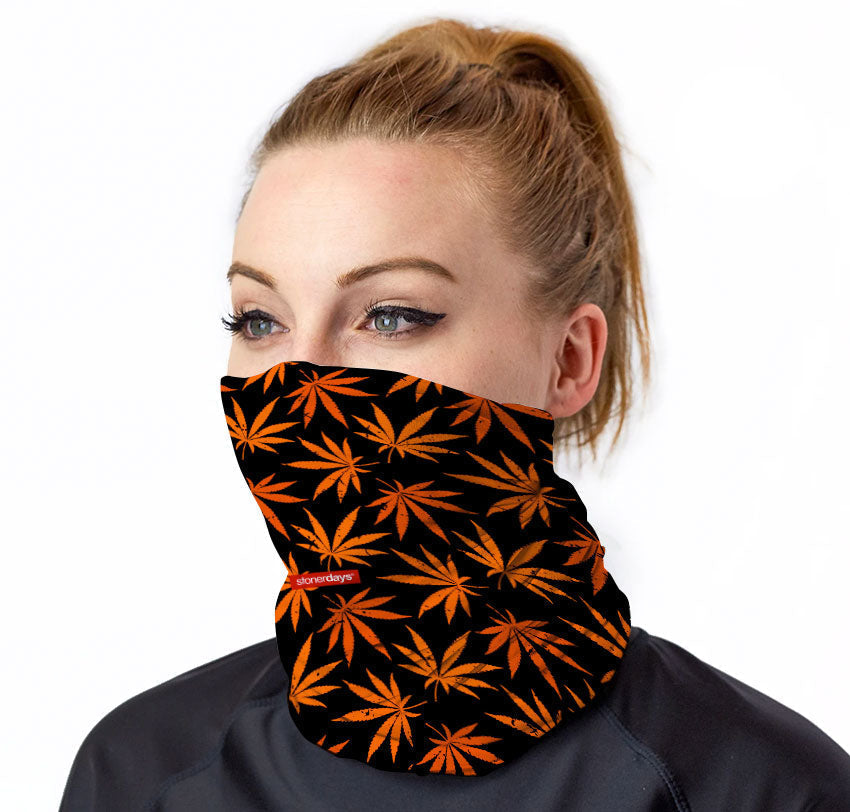 StonerDays Halloweed Neck Gaiter featuring vibrant cannabis leaf pattern, front view on model