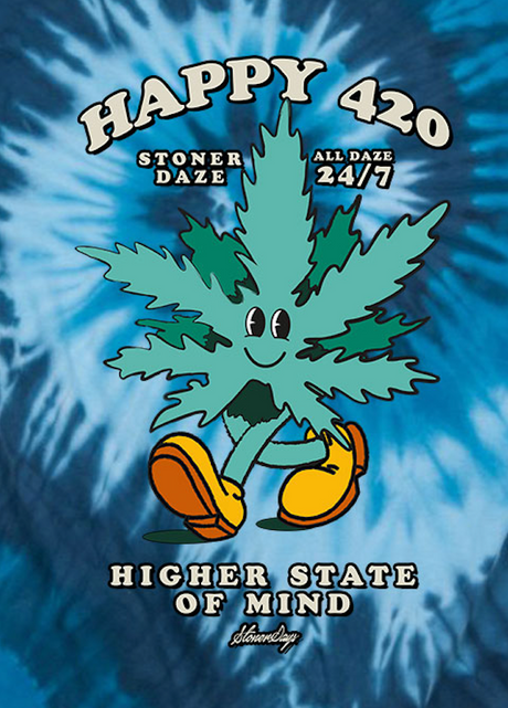 StonerDays Happy 420 Blue Tie Dye T-Shirt with Cannabis Leaf Design, Front View