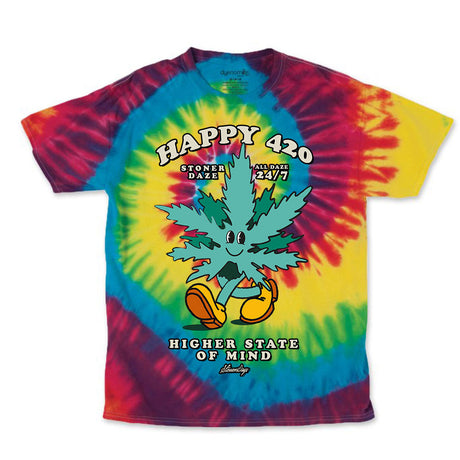 StonerDays Happy 420 OG Tie Dye T-Shirt in Rainbow Colors, Front View on White Background