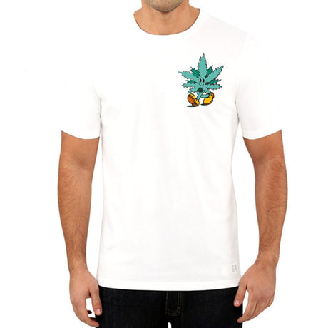 StonerDays Happy 420 White Tee front view on model featuring a vibrant cannabis leaf design