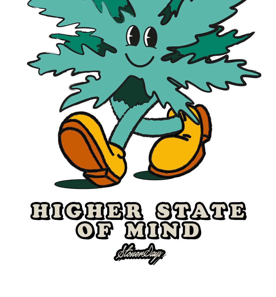 StonerDays Happy 420 White Tee featuring a smiling cartoon cannabis leaf, front view on white background