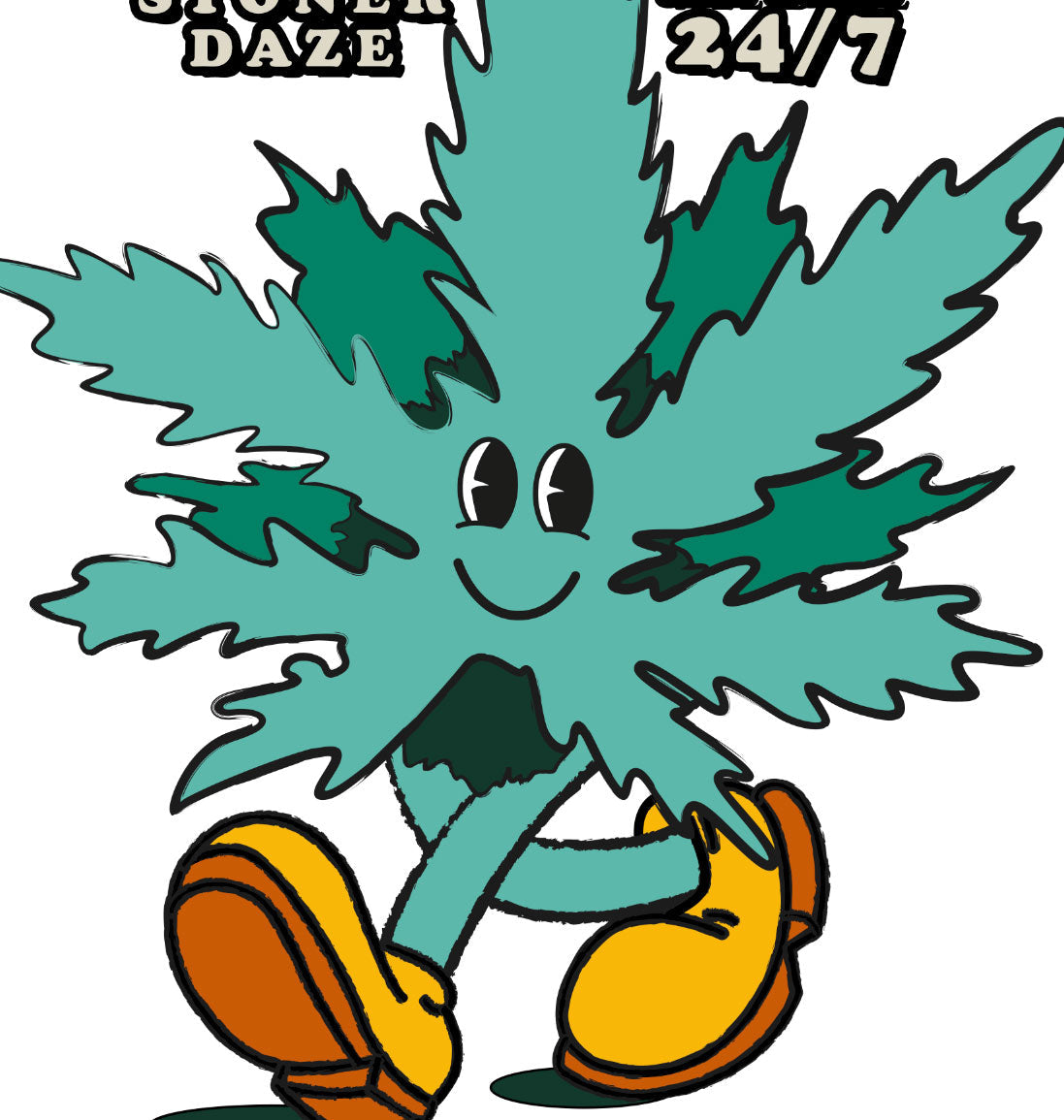 StonerDays Happy 420 White Tee featuring a cheerful cannabis leaf cartoon, pure cotton, front view