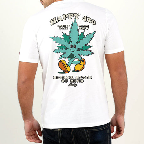Rear view of a person wearing StonerDays Happy 420 White Tee with graphic design