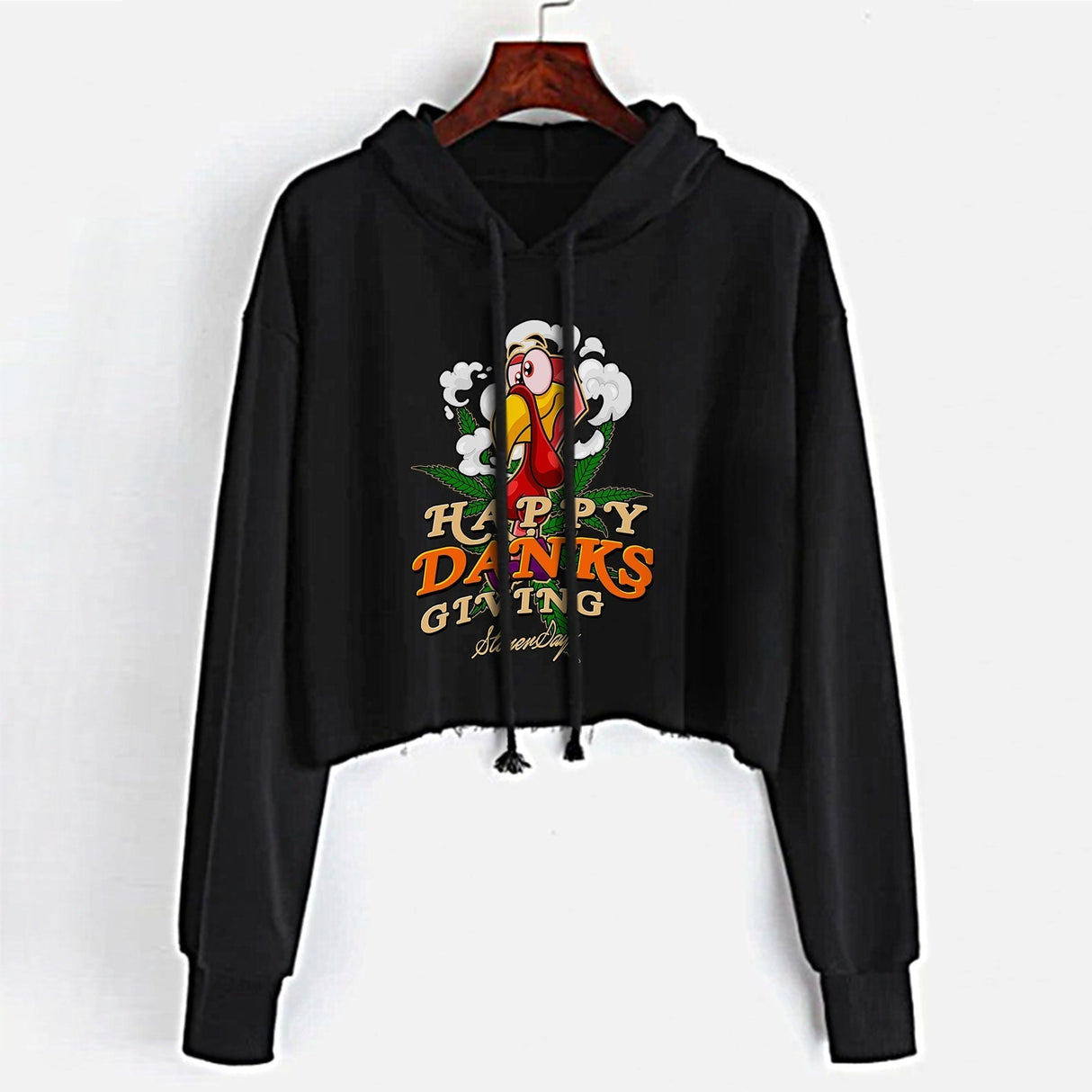 StonerDays Happy Danksgiving Crop Top Hoodie in Orange Cotton for Women, Front View