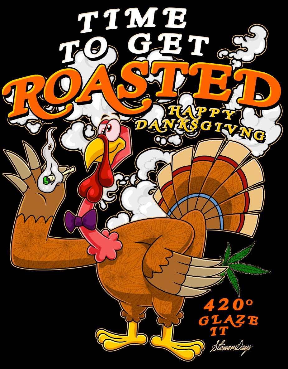 StonerDays Happy Danksgiving Hoodie design with cartoon turkey and festive graphics