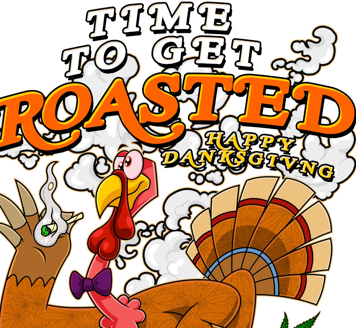 StonerDays Happy Danksgiving T-shirt design with cartoon turkey and festive elements