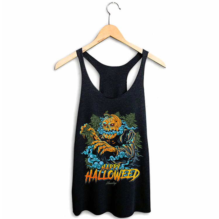 StonerDays Happy Halloweed Racerback tank top, black with festive print, front view on hanger