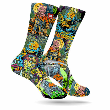 StonerDays Happy Halloweed Socks with vibrant Halloween-themed cannabis graphics, front view on white background