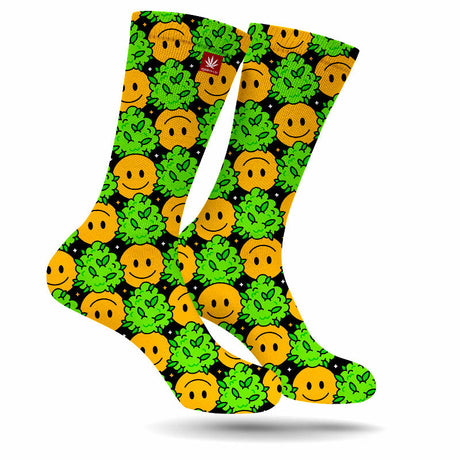 StonerDays Happy Little Trees Weed Socks in vibrant colors, showcasing smiley faces and cannabis leaves.