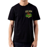 Man wearing StonerDays Hash Rosin black cotton t-shirt with green graphic, front view.