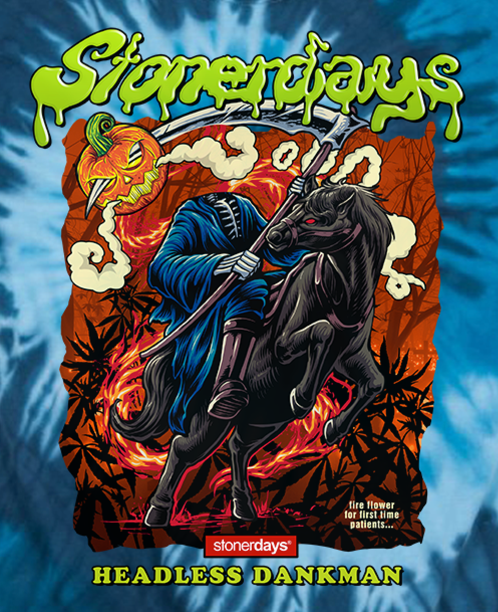 StonerDays Headless Dankman t-shirt in blue tie-dye with Sherlock design, front view on a black background.