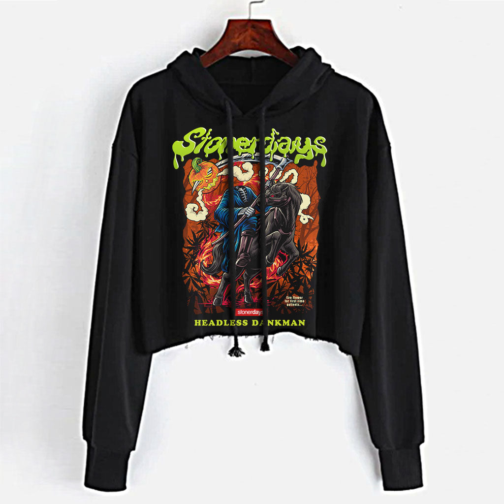 StonerDays Headless Dankman Crop Top Hoodie for Women in Black, Front View