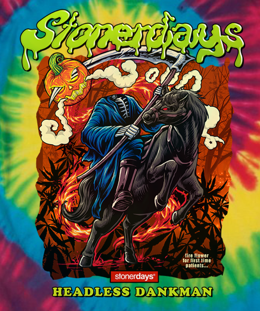 StonerDays Headless Dankman Tie Dye T-Shirt in Rainbow Colors, Front View on Vibrant Background