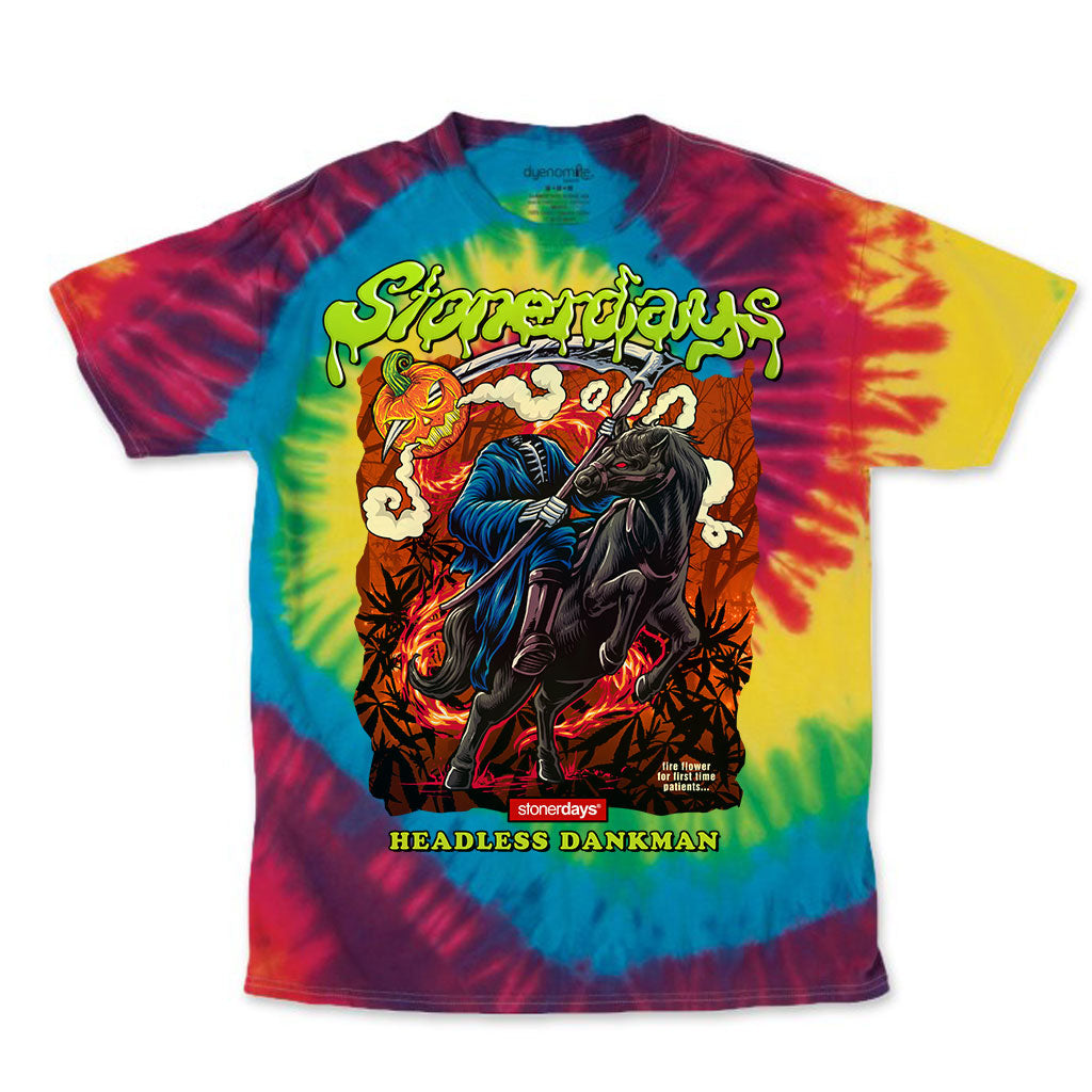 StonerDays Headless Dankman Tie Dye T-Shirt in vibrant colors, front view on white background