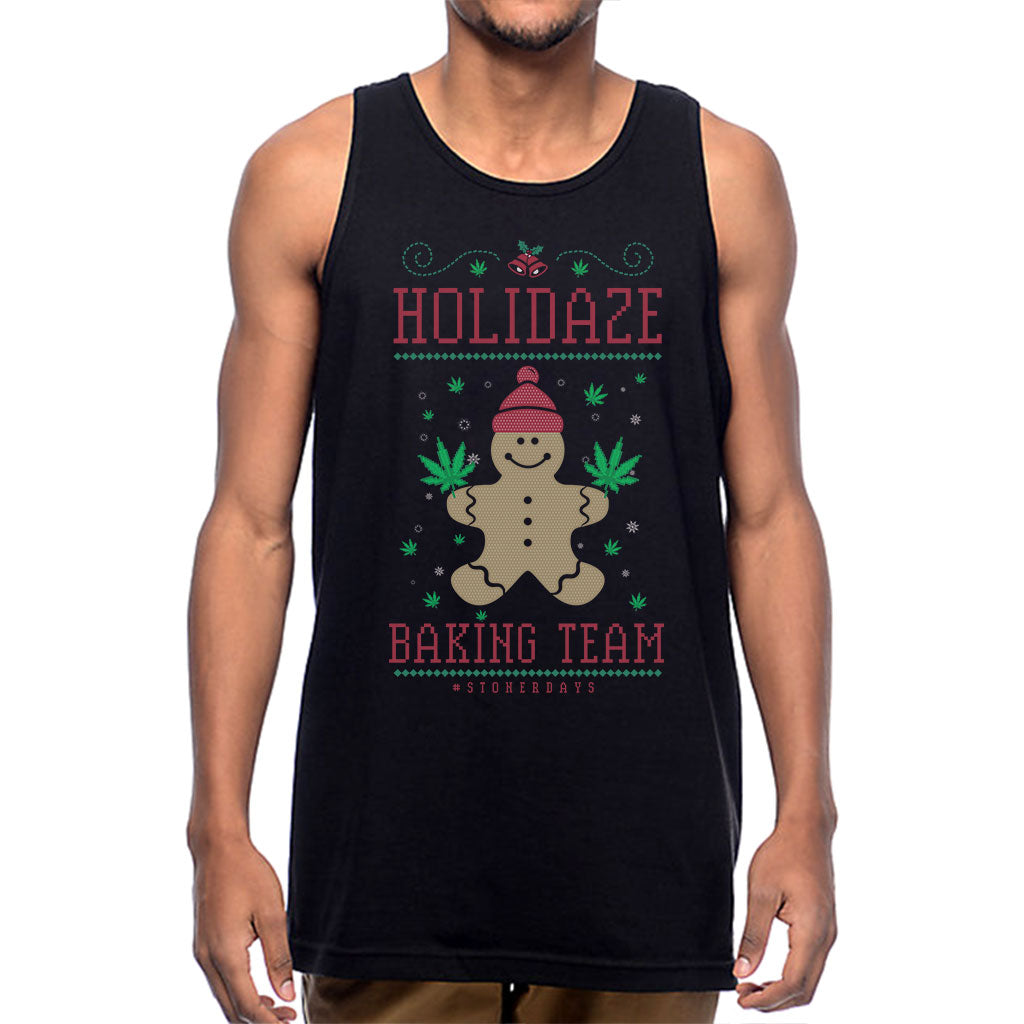 StonerDays Men's Holidaze Baking Team Tank Top, front view on a model, sizes S to XXXL