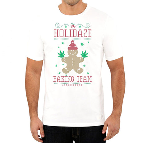 Front view of StonerDays Holidaze Baking Team White Tee with festive gingerbread print