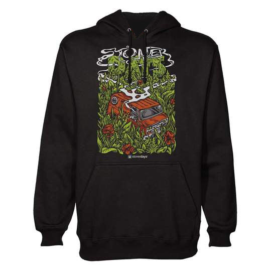 StonerDays Hotbox Hoodie in black with vibrant print, comfortable cotton, ideal for bong users