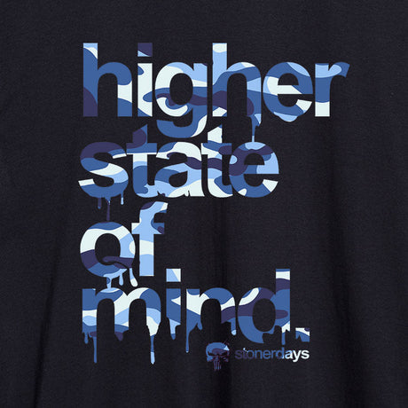 Close-up of StonerDays Hsom Army Blue Men's Tank with 'higher state of mind' graphic