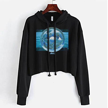 StonerDays Hsom Balance Crop Top Hoodie in black with blue geometric print, front view on white background