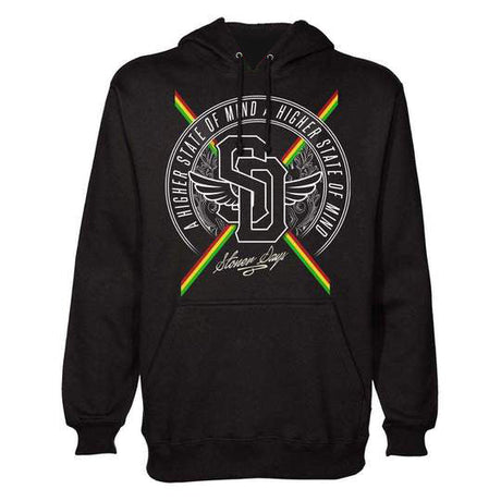 StonerDays Hsom Crest Hoodie in black with Rasta stripes, front view on a white background