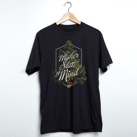 StonerDays Hsom Evergreen t-shirt with 'Higher State of Mind' print, front view on hanger