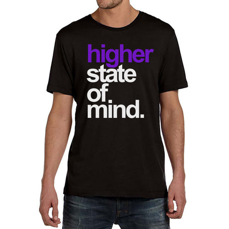 StonerDays Hsom Purps t-shirt in black with vibrant text, front view on a male model, sizes S to 3XL