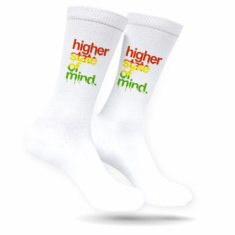 StonerDays Hsom Rasta White Socks with 'Higher State of Mind' print, front view on seamless white background