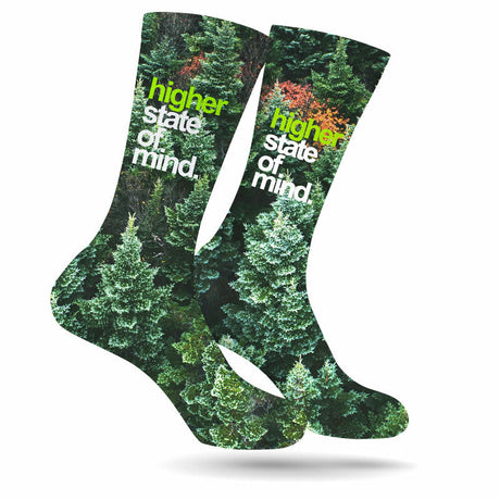 StonerDays Hsom Trees Socks with vibrant forest print and 'Higher State of Mind' text, front view