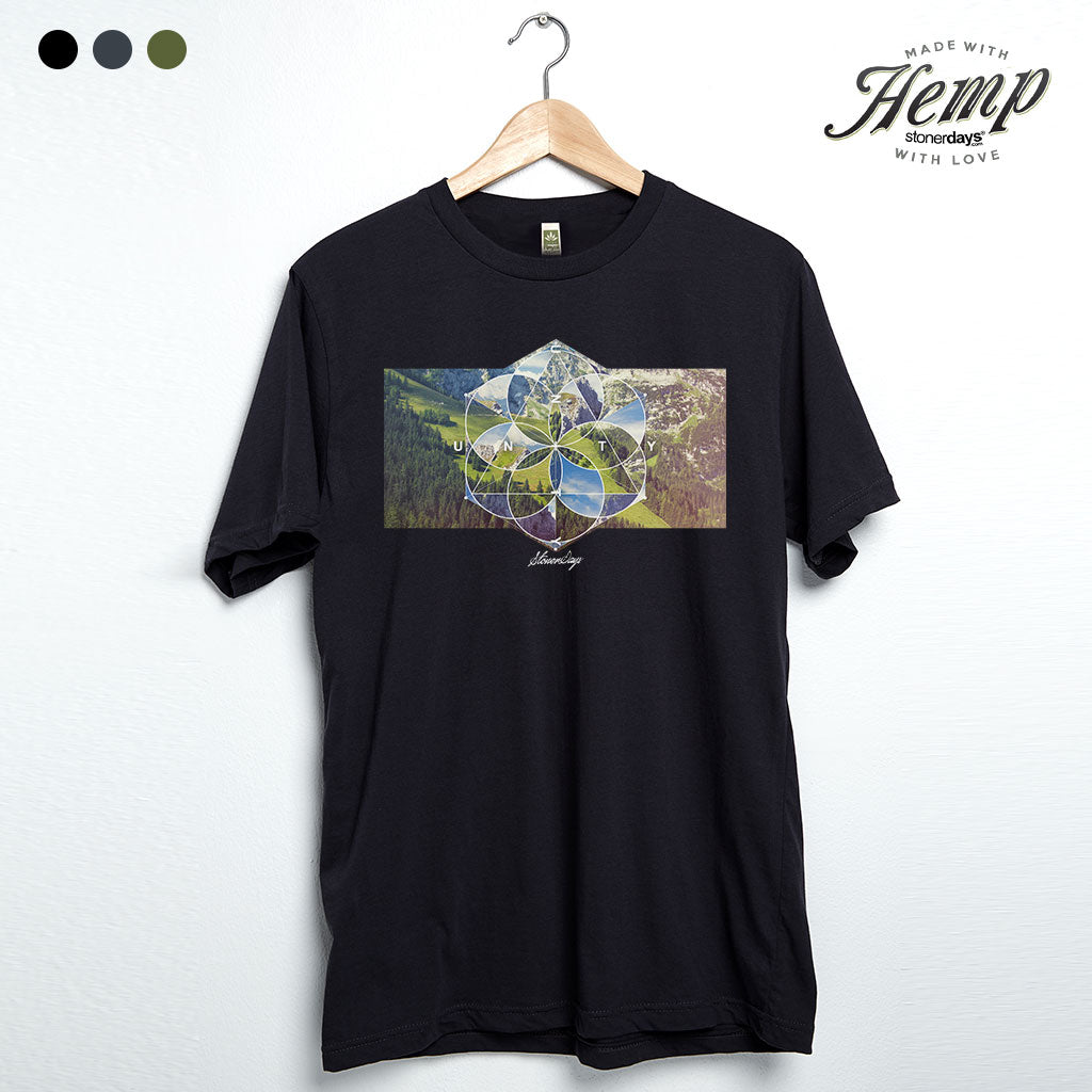 StonerDays Hsom Unity Hemp Tee in Caviar Black, showcasing eco-friendly material, front view on hanger.