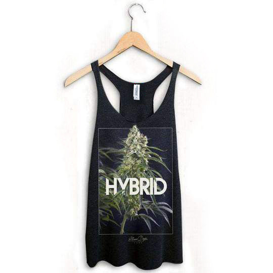 StonerDays Hybrid Racerback tank top in black, hanging on wooden hanger, front view