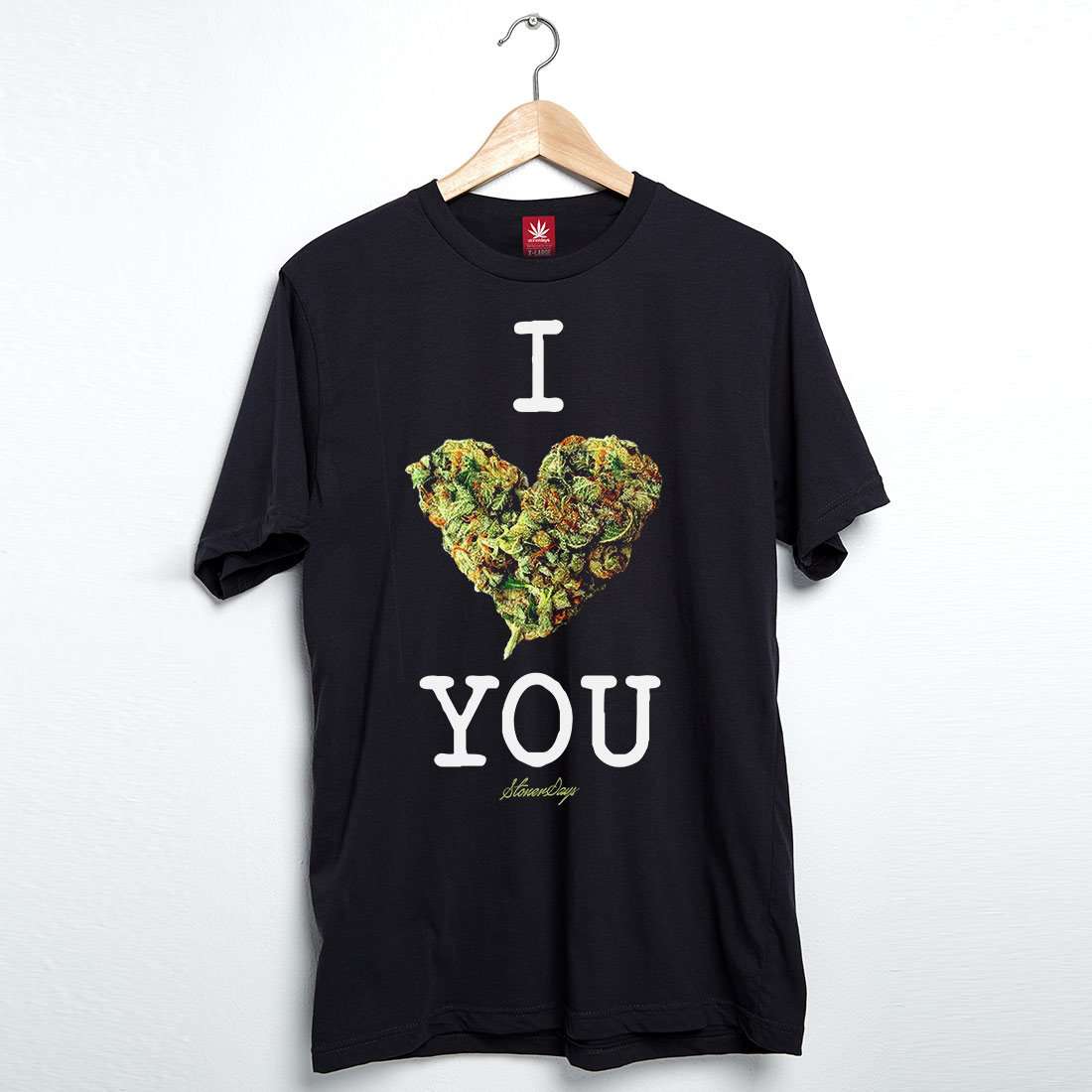StonerDays Men's Tee with "I Bud You" Design Hanging on Wooden Hanger - Front View