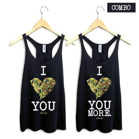 StonerDays racerback tank tops with 'I Bud You' and 'I Bud You More' designs, black, hanging view