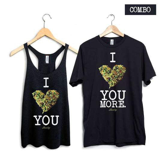 StonerDays 'I Bud You' women's racerback and 'I Bud You More' men's tee combo on hangers