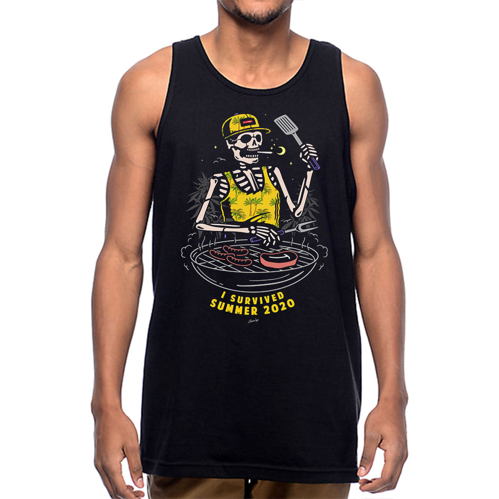 Front view of StonerDays Men's Cotton Tank Top with 'I Survived Summer 2020' graphic