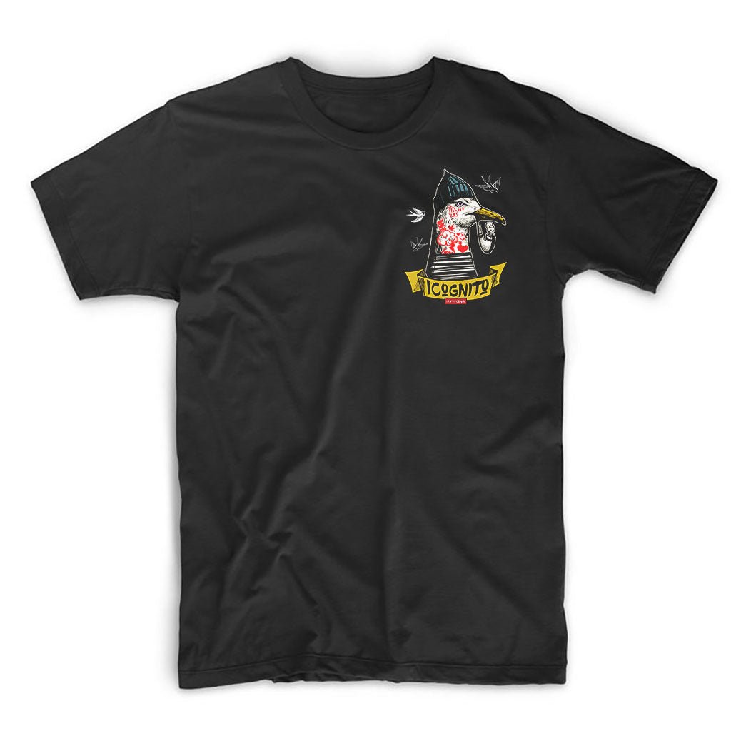 StonerDays Incognito Sparrow men's black cotton t-shirt front view on white background