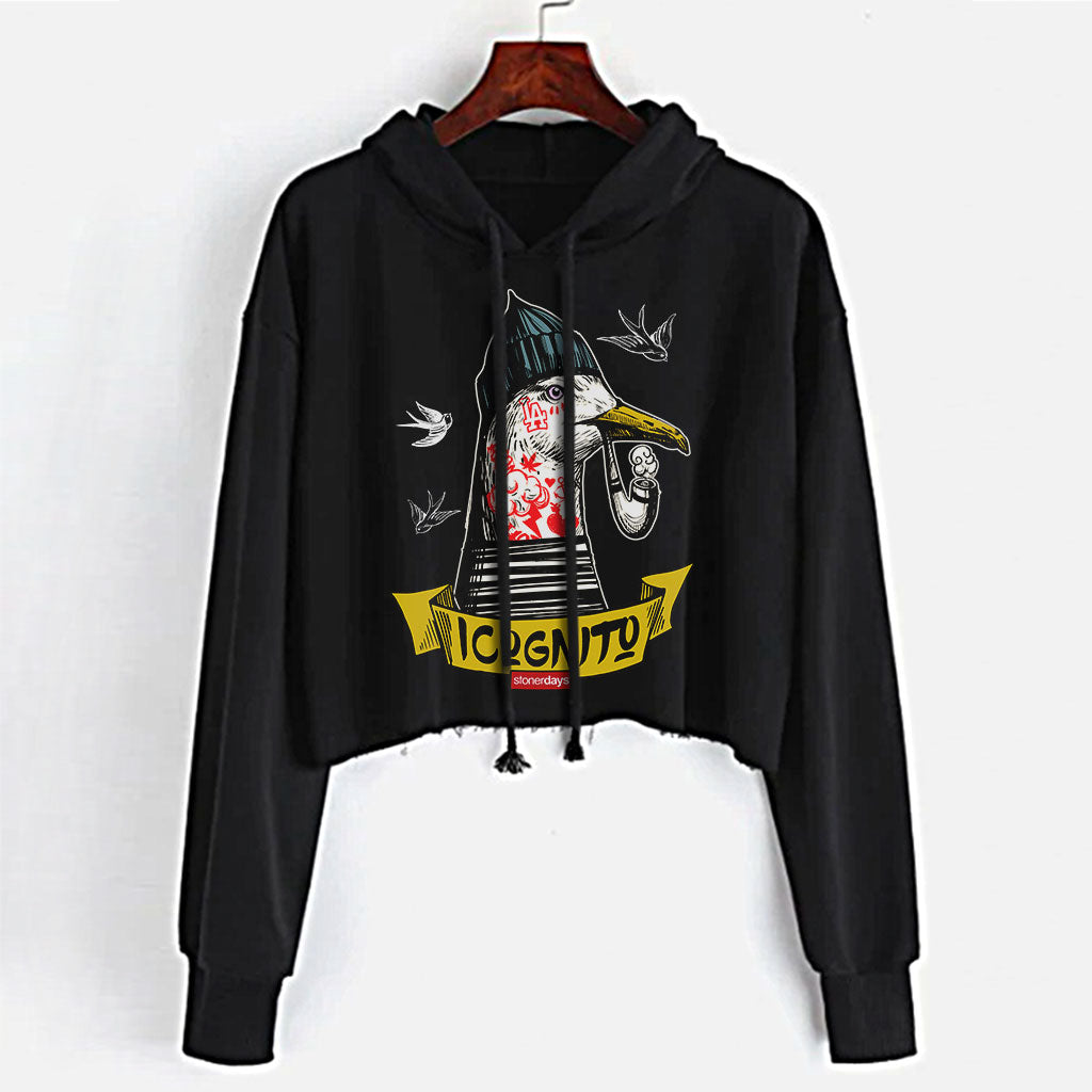 StonerDays Incognito Sparrow Crop Top Hoodie for Women, Black Cotton, Front View