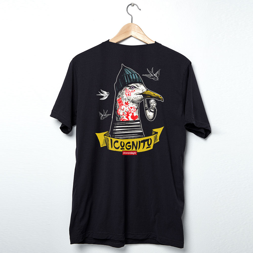 StonerDays Incognito Sparrow men's black cotton t-shirt with graphic design, front view on hanger