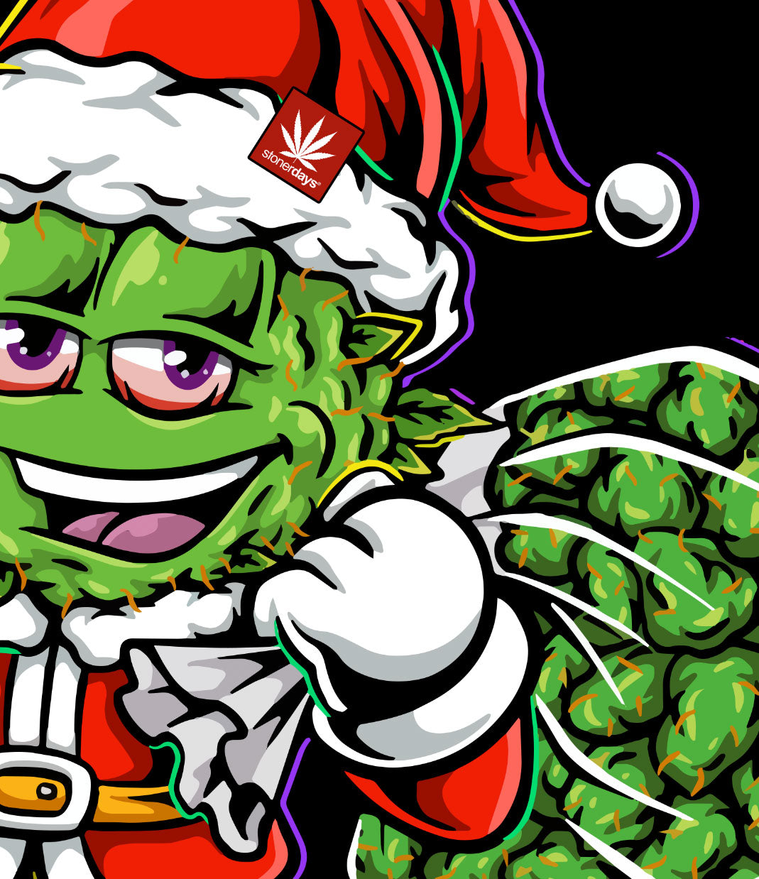 StonerDays Santa-themed cannabis leaf graphic racerback tank in vibrant colors