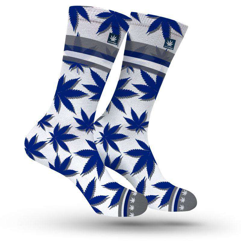 StonerDays Indianapolis themed blue and white socks with cannabis leaf design, one size fits all