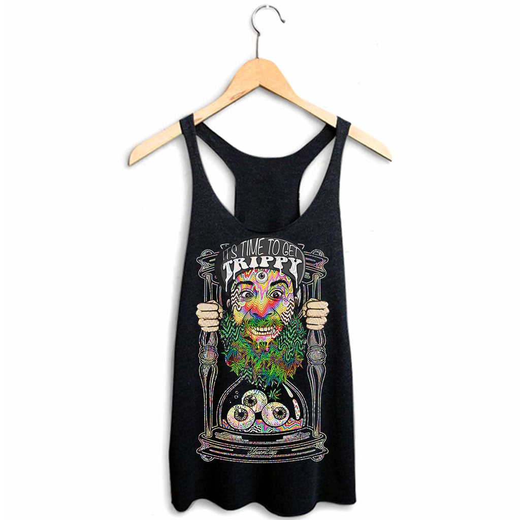 StonerDays Women's Racerback with Trippy Design, Sizes S-XXL, Front View on Hanger